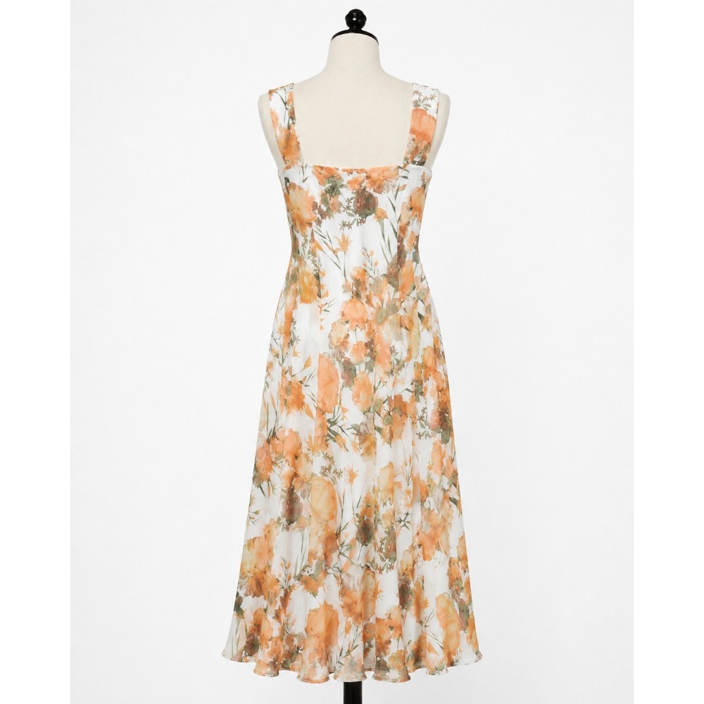 Dressbarn Orange Floral Sweetheart Midi Dress Womens 14 White Sleeveless Chiffon - Picture 2 of 12